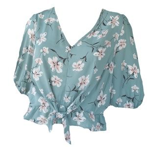 NWT Sienna Sky Blue/Green Floral Tie Front Top